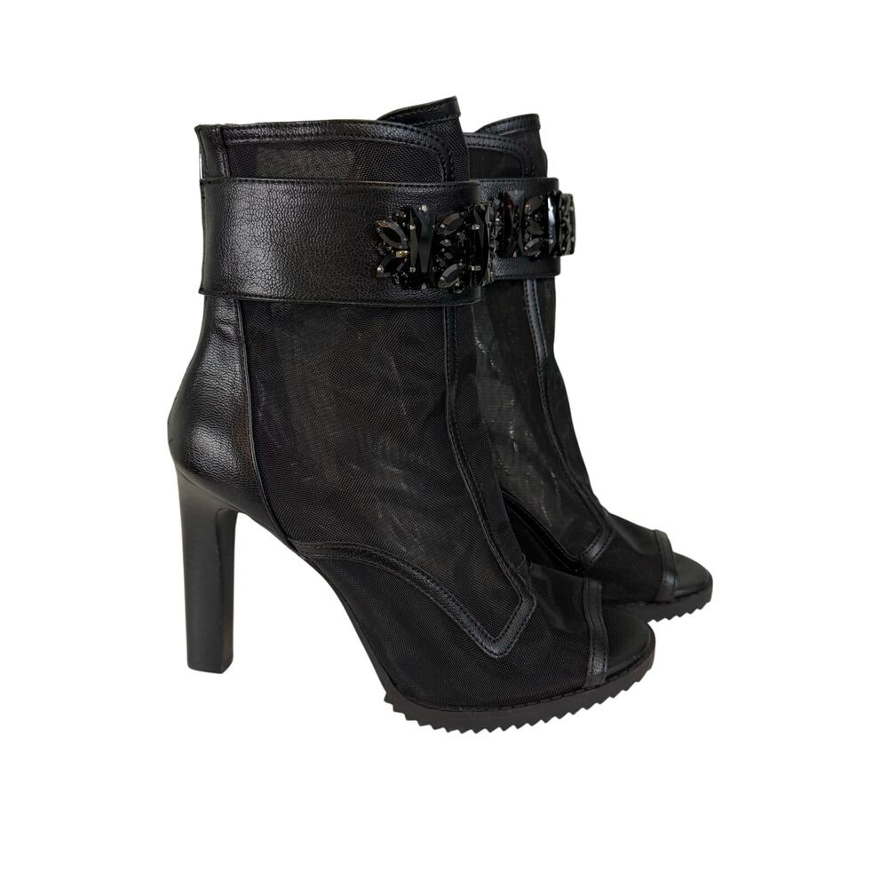 Karl Lagerfield Paris Booties 7M Black Mesh Blayze Jewel Ankle Strap Peep Toe
